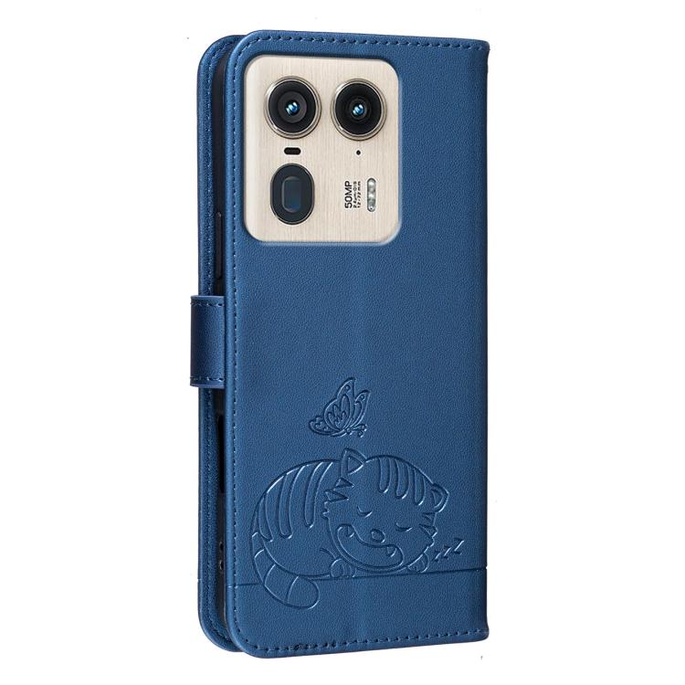 For Motorola Moto X50 Ultra Cat Butterfly Embossed RFID Vegan Leather Phone Case with Strap
