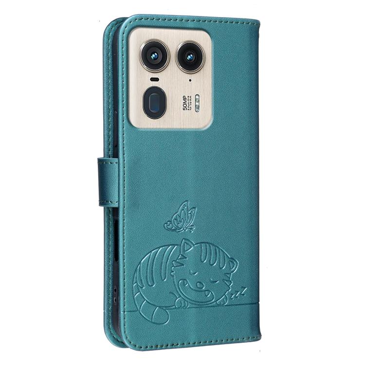 For Motorola Moto X50 Ultra Cat Butterfly Embossed RFID Vegan Leather Phone Case with Strap