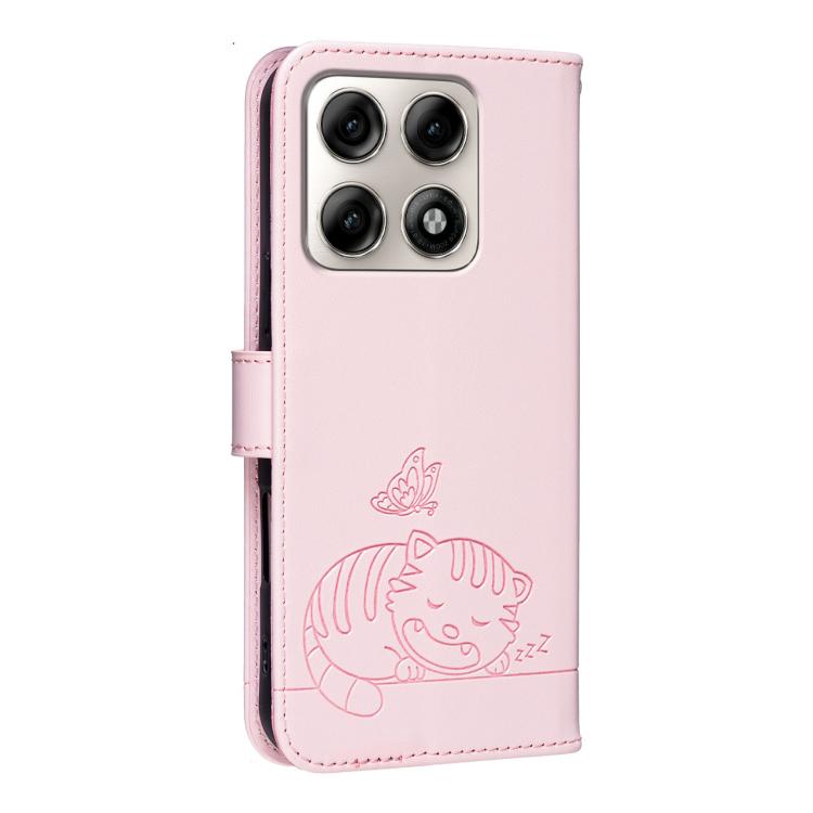 For Motorola Edge 70 Pro 5G Cat Butterfly Embossed RFID Vegan Leather Phone Case with Strap