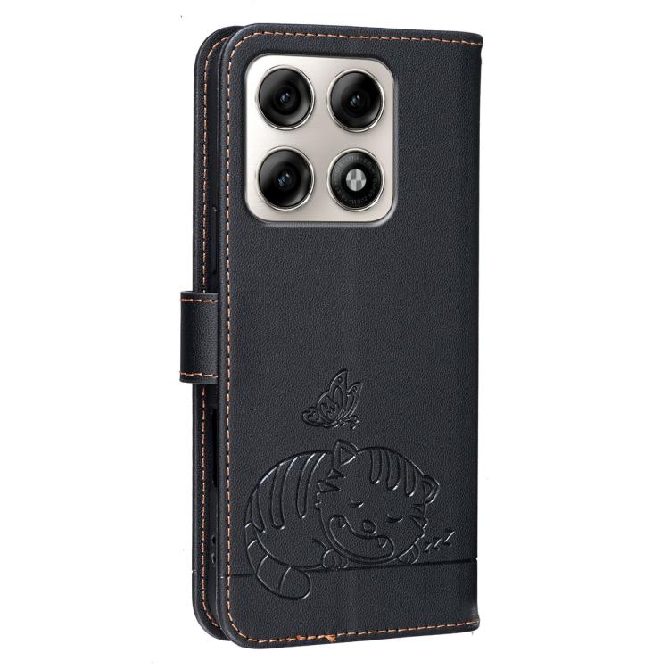 For Motorola Edge 70 Pro 5G Cat Butterfly Embossed RFID Vegan Leather Phone Case with Strap