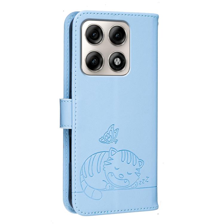 For Motorola Edge 70 Pro 5G Cat Butterfly Embossed RFID Vegan Leather Phone Case with Strap