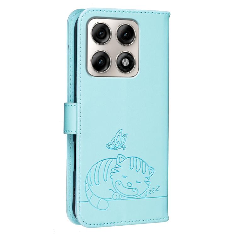 For Motorola Edge 70 Pro 5G Cat Butterfly Embossed RFID Vegan Leather Phone Case with Strap