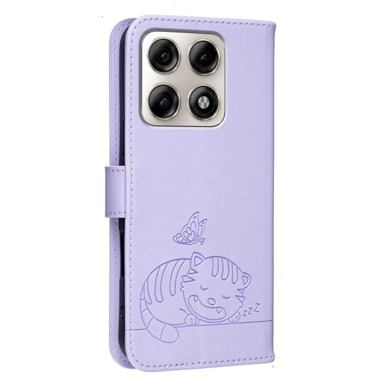 For Motorola Edge 70 Pro 5G Cat Butterfly Embossed RFID Vegan Leather Phone Case with Strap