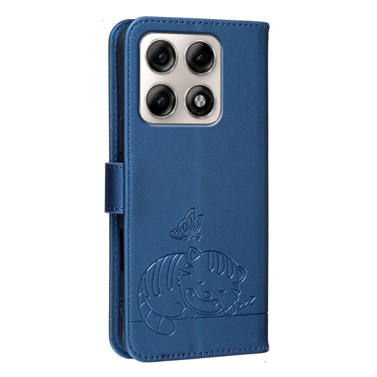 For Motorola Edge 70 Pro 5G Cat Butterfly Embossed RFID Vegan Leather Phone Case with Strap