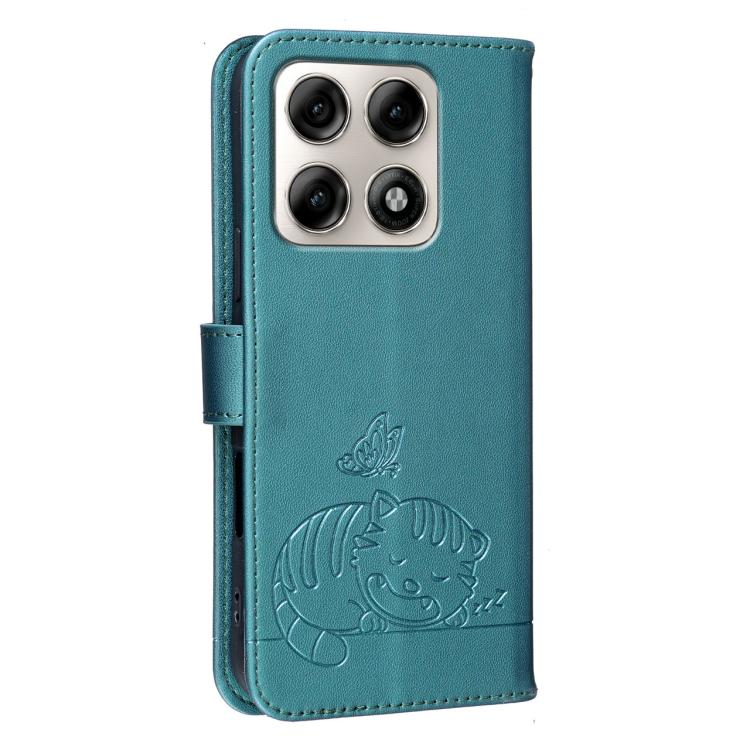 For Motorola Edge 70 Pro 5G Cat Butterfly Embossed RFID Vegan Leather Phone Case with Strap