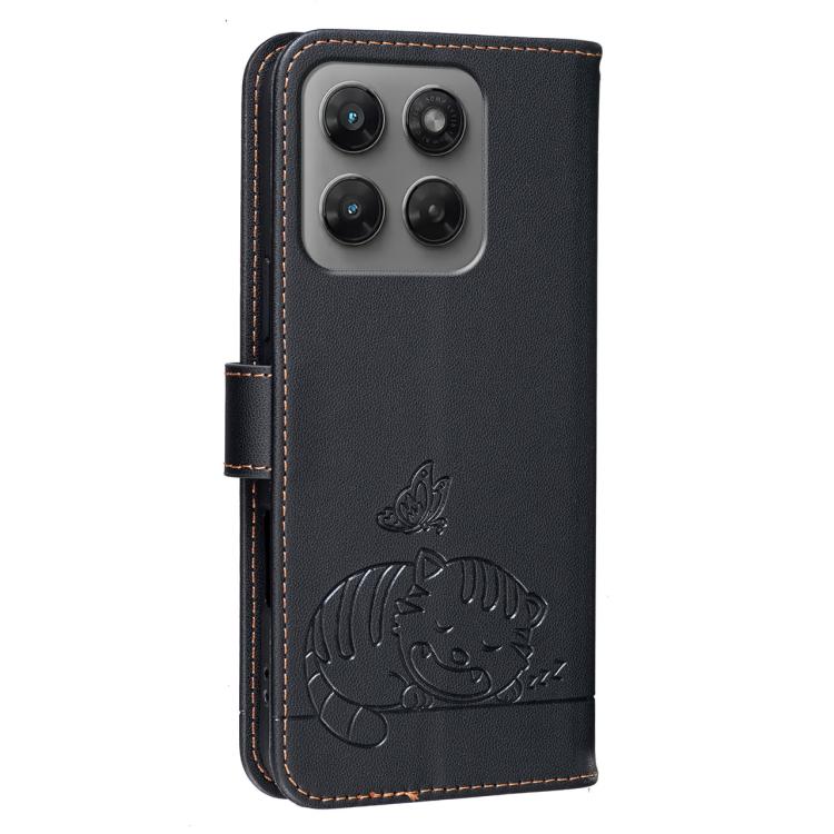 For Motorola Moto G37 Power 5G Cat Butterfly Embossed RFID Vegan Leather Phone Case with Strap