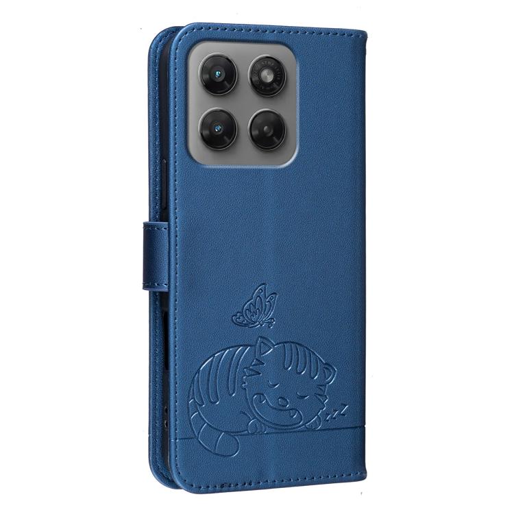 For Motorola Moto G37 / G47 Cat Butterfly Embossed RFID Vegan Leather Phone Case with Strap