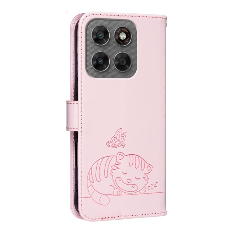 For Motorola Moto G87 / G67 / G77 5G Cat Butterfly Embossed RFID Vegan Leather Phone Case with Strap