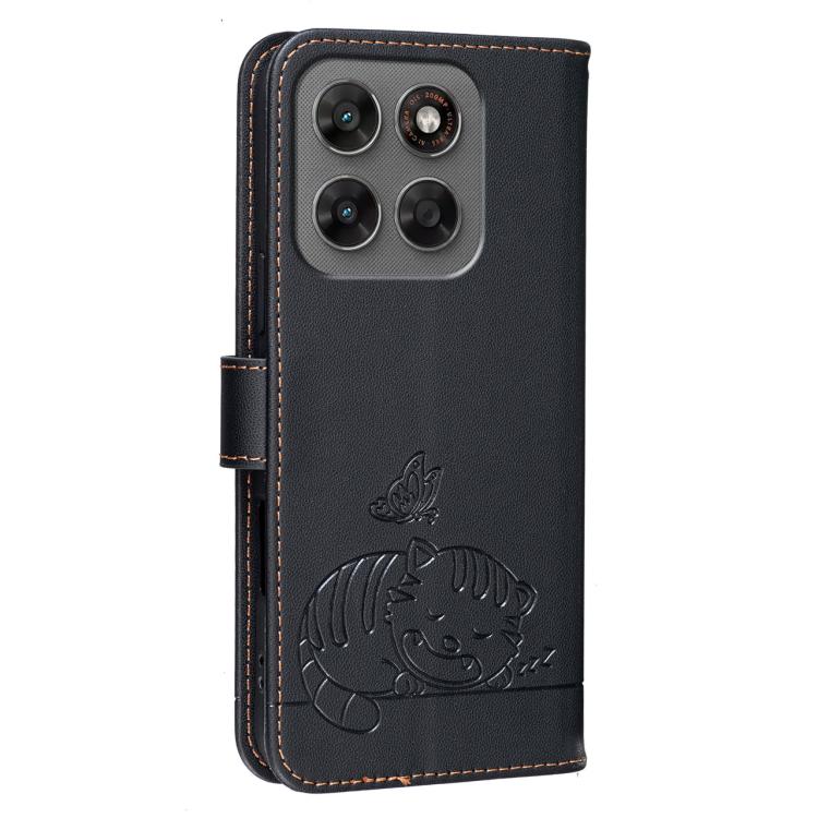 For Motorola Moto G87 / G67 / G77 5G Cat Butterfly Embossed RFID Vegan Leather Phone Case with Strap
