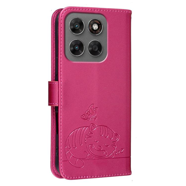 For Motorola Moto G87 / G67 / G77 5G Cat Butterfly Embossed RFID Vegan Leather Phone Case with Strap