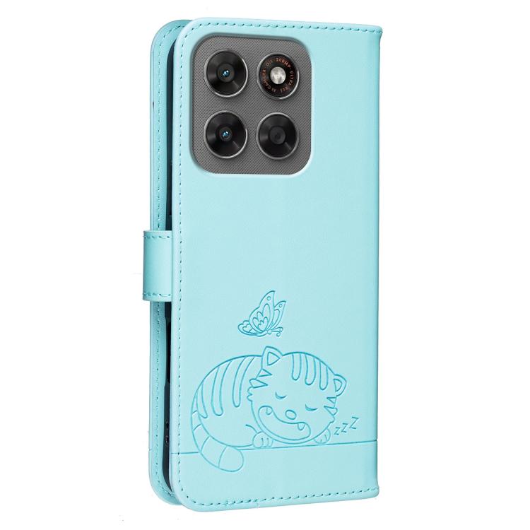 For Motorola Moto G87 / G67 / G77 5G Cat Butterfly Embossed RFID Vegan Leather Phone Case with Strap