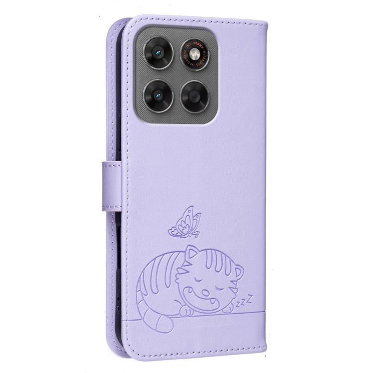 For Motorola Moto G87 / G67 / G77 5G Cat Butterfly Embossed RFID Vegan Leather Phone Case with Strap