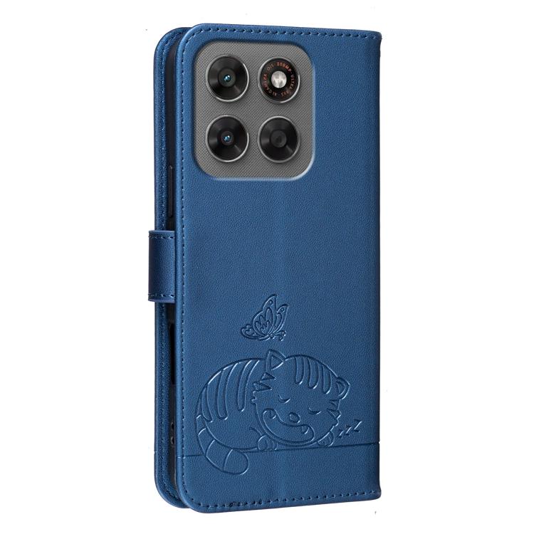 For Motorola Moto G87 / G67 / G77 5G Cat Butterfly Embossed RFID Vegan Leather Phone Case with Strap
