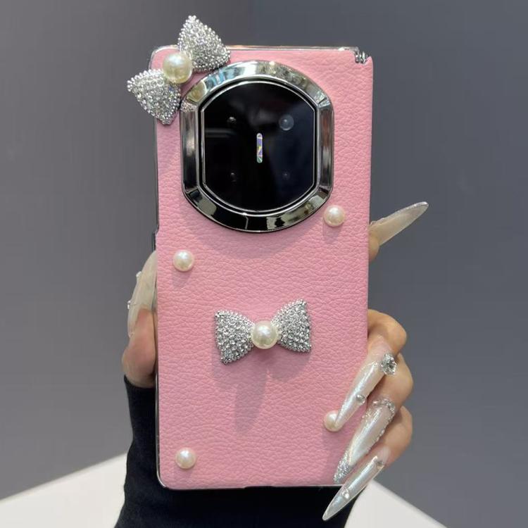 For Huawei Mate X7 Litchi Texture 3D Pearl Bow Vegan Leather Shockproof Phone Case - Pink