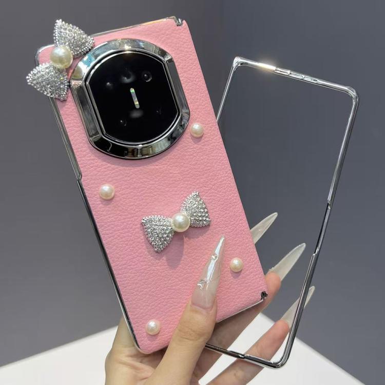 For Huawei Mate X7 Litchi Texture 3D Pearl Bow Vegan Leather Shockproof Phone Case with Frame - Pink