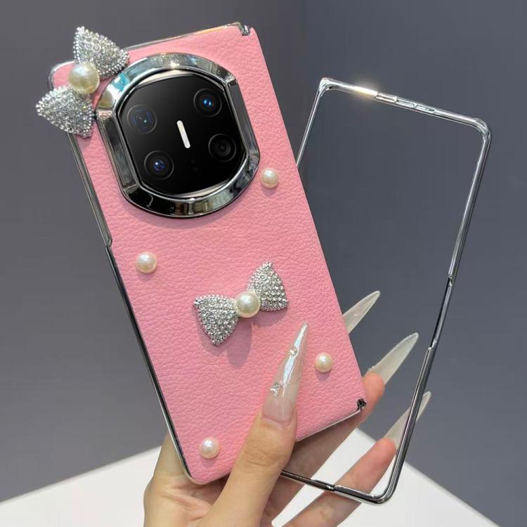 For Huawei Mate X6 Litchi Texture 3D Pearl Bow Vegan Leather Shockproof Phone Case with Frame - Pink