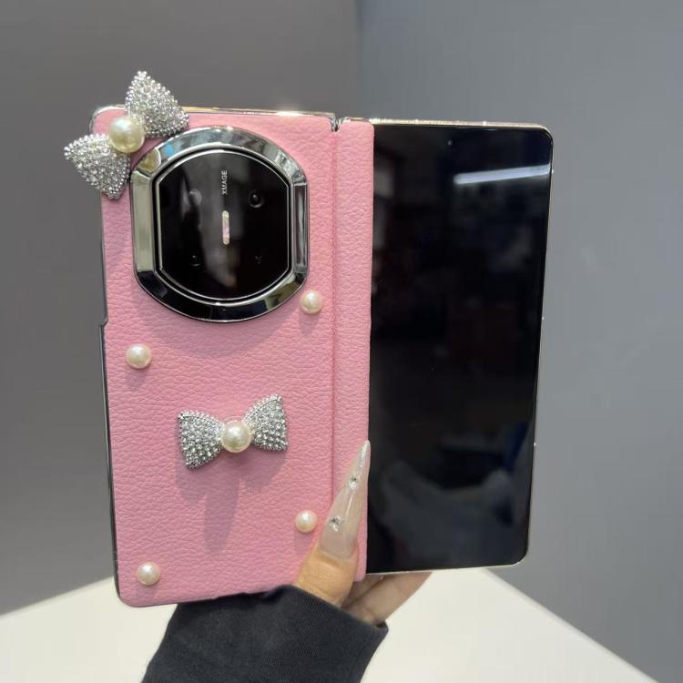 For Huawei Mate X5 Litchi Texture 3D Pearl Bow Vegan Leather Shockproof Phone Case with Frame - Pink