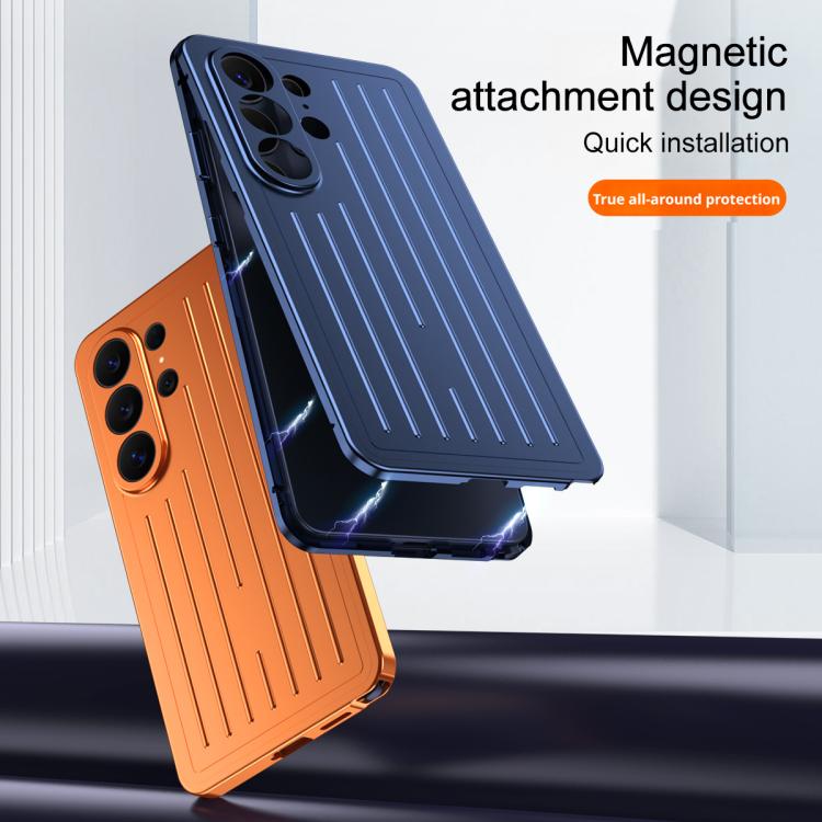 For Galaxy S26 Ultra 5G Suitcase Texture Magnetic King Series Aluminum Alloy Phone Case with Tempered Glass Film