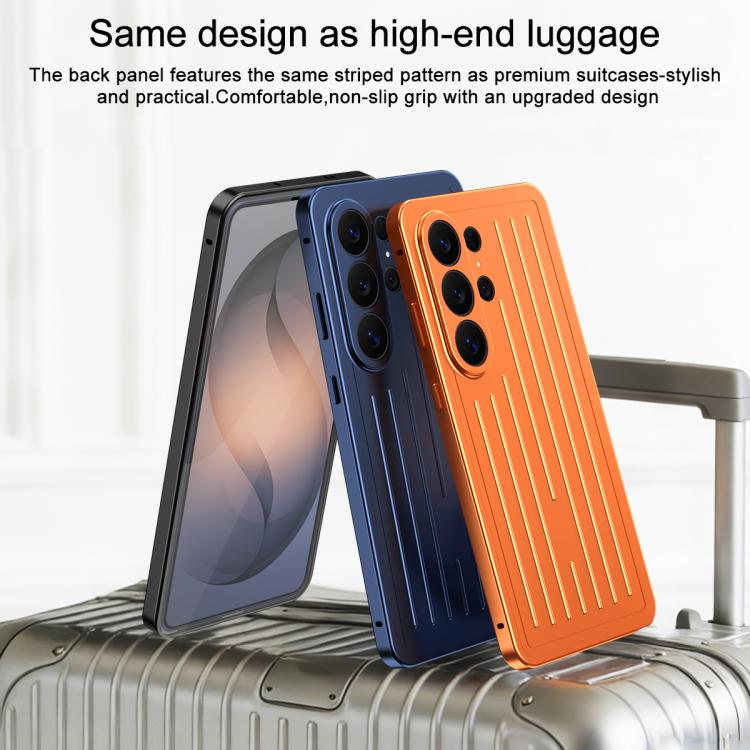 For Galaxy S26 Ultra 5G Suitcase Texture Magnetic King Series Aluminum Alloy Phone Case with Tempered Glass Film