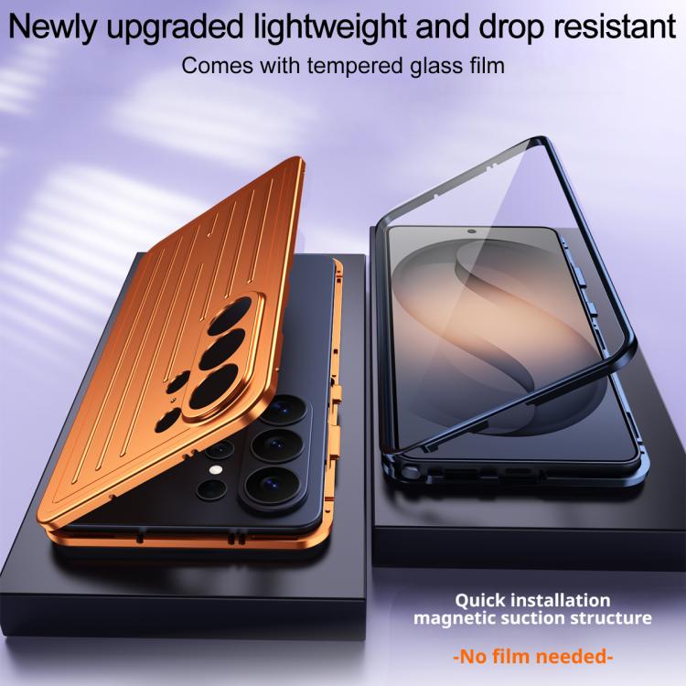 For Galaxy S26 Ultra 5G Suitcase Texture Magnetic King Series Aluminum Alloy Phone Case with Tempered Glass Film