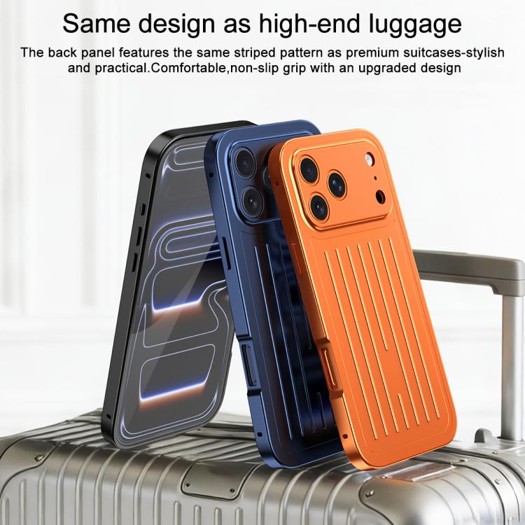For iPhone 17 Pro Suitcase Texture Magnetic King Series Aluminum Alloy Phone Case with Tempered Glass Film