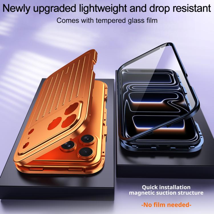 For iPhone 17 Pro Suitcase Texture Magnetic King Series Aluminum Alloy Phone Case with Tempered Glass Film