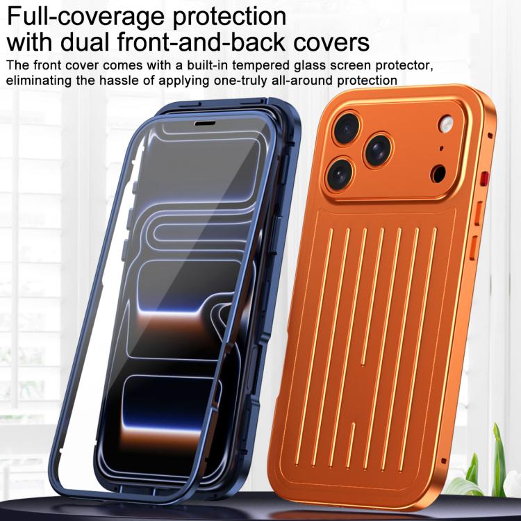 For iPhone 17 Pro Suitcase Texture Magnetic King Series Aluminum Alloy Phone Case with Tempered Glass Film