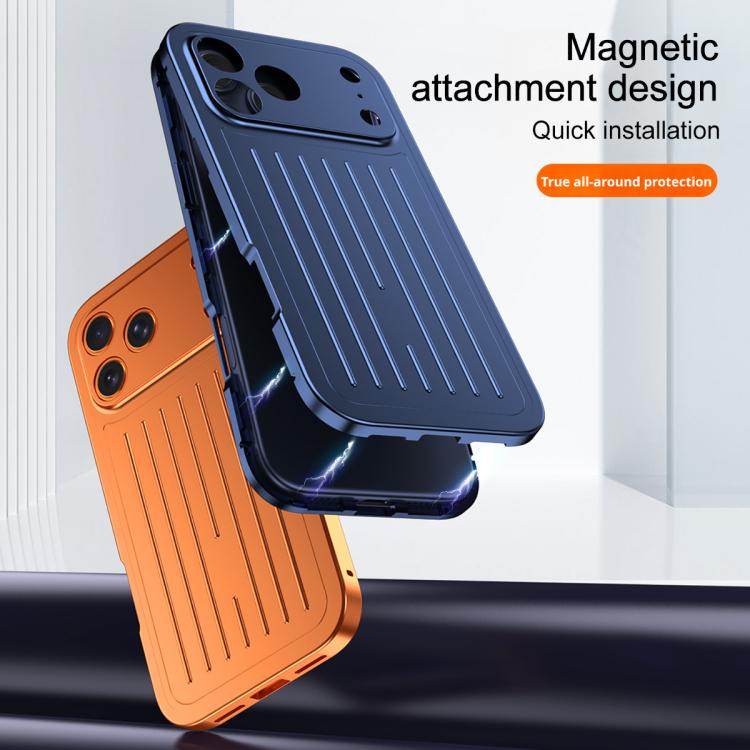 For iPhone 17 Pro Suitcase Texture Magnetic King Series Aluminum Alloy Phone Case with Tempered Glass Film