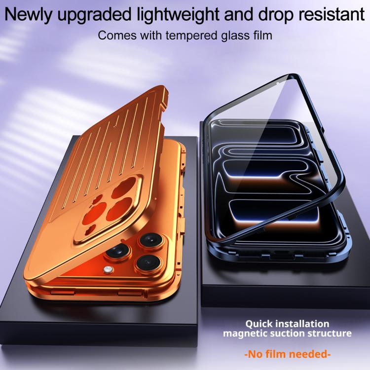 For iPhone 16 Pro Max Suitcase Texture Magnetic King Series Aluminum Alloy Phone Case with Tempered Glass Film
