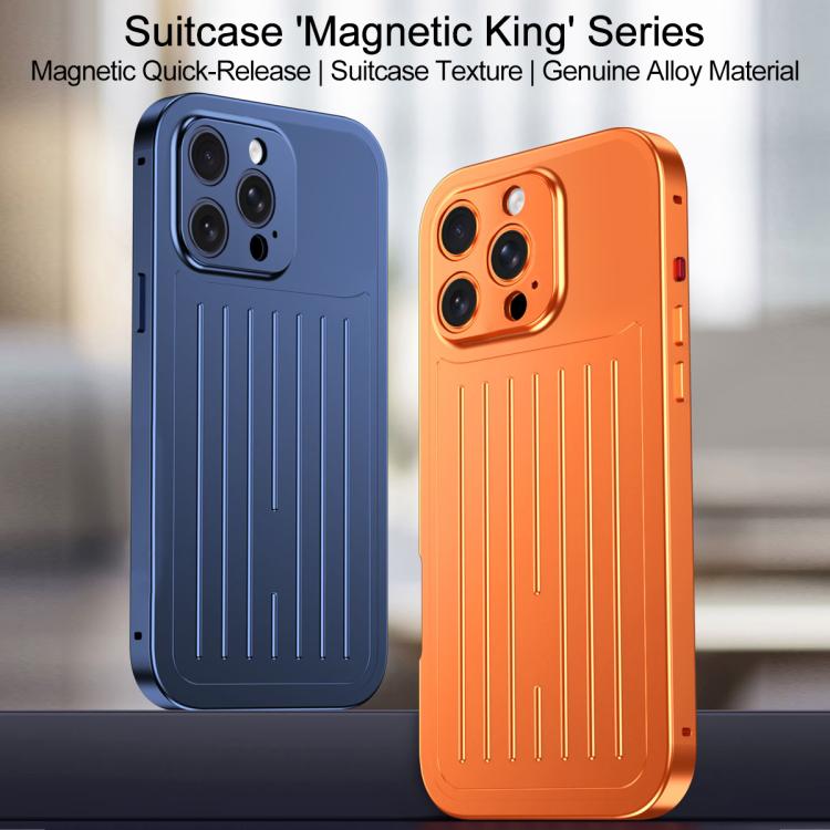For iPhone 15 Pro Max Suitcase Texture Magnetic King Series Aluminum Alloy Phone Case with Tempered Glass Film