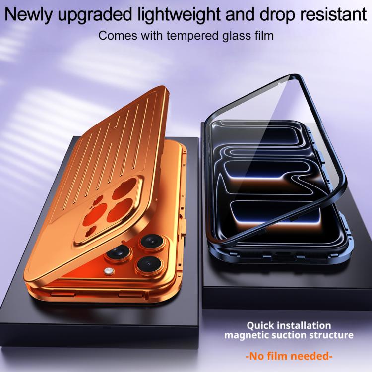 For iPhone 15 Pro Max Suitcase Texture Magnetic King Series Aluminum Alloy Phone Case with Tempered Glass Film