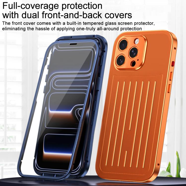 For iPhone 14 Pro Suitcase Texture Magnetic King Series Aluminum Alloy Phone Case with Tempered Glass Film