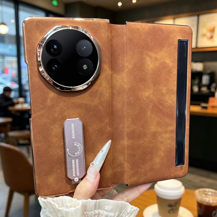 For vivo X Fold5 Electroplate Frame Rotating Holder Vegan Leather Shockproof Phone Case