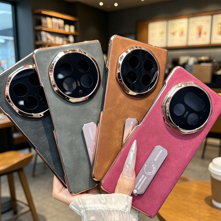 For Honor Magic V5 Electroplate Frame Rotating Holder Vegan Leather Shockproof Phone Case