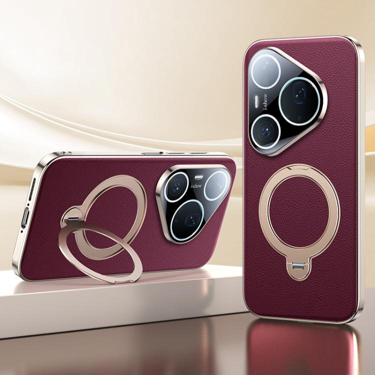 For Huawei Pura 90 Pro Max Skin Feel Leather Texture Cooling MagSafe Phone Case with 360 Degrees Rotating Holder
