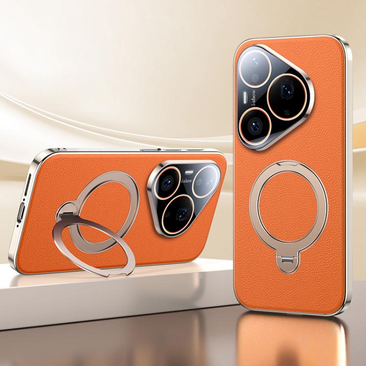 For Huawei Pura 90 Pro Skin Feel Leather Texture Cooling MagSafe Phone Case with 360 Degrees Rotating Holder