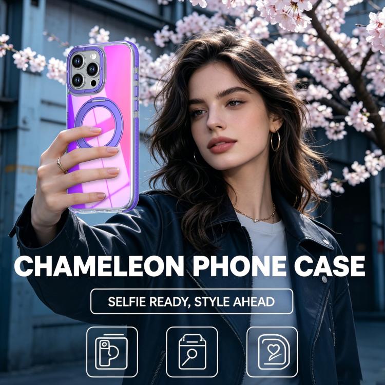 For iPhone 16 Pro Max Dual Color Gradient Discolor 360 Degree Rotation Holder Magnetic Phone Case