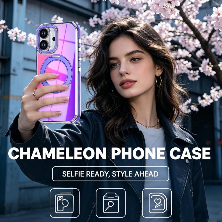 For iPhone 16 Plus Dual Color Gradient Discolor 360 Degree Rotation Holder Magnetic Phone Case