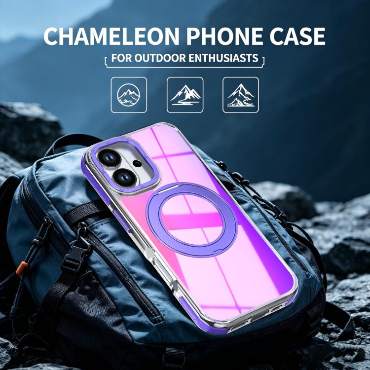 For iPhone 16 Dual Color Gradient Discolor 360 Degree Rotation Holder Magnetic Phone Case