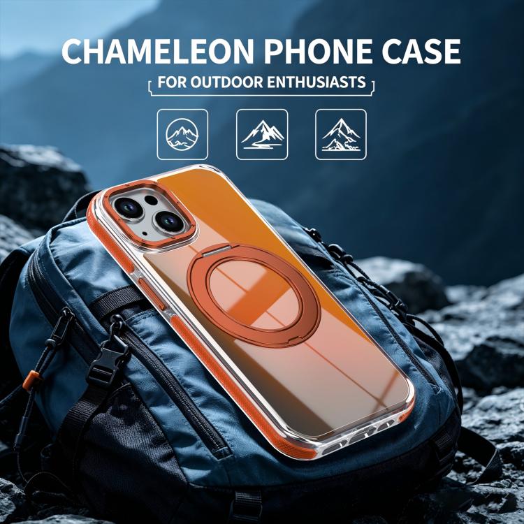 For iPhone 15 Plus Dual Color Gradient Discolor 360 Degree Rotation Holder Magnetic Phone Case