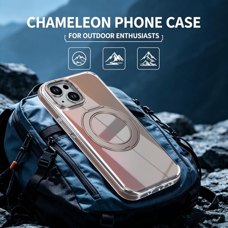 For iPhone 15 Plus Dual Color Gradient Discolor 360 Degree Rotation Holder Magnetic Phone Case