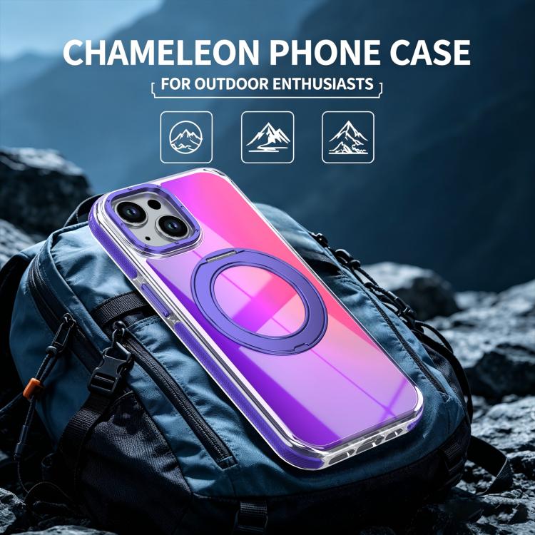 For iPhone 15 Plus Dual Color Gradient Discolor 360 Degree Rotation Holder Magnetic Phone Case