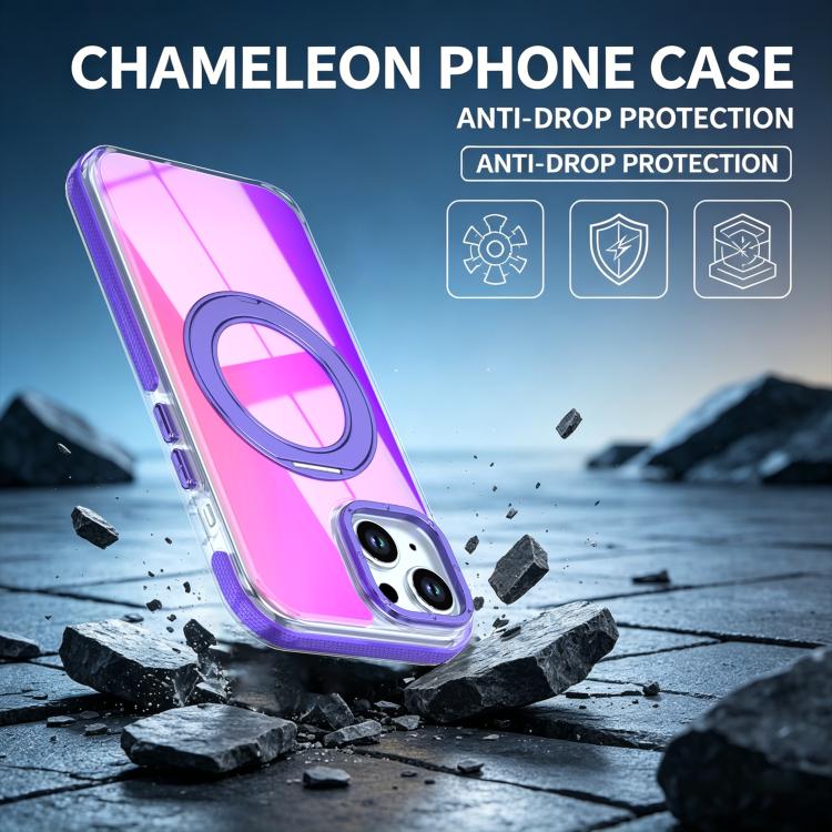 For iPhone 15 Plus Dual Color Gradient Discolor 360 Degree Rotation Holder Magnetic Phone Case