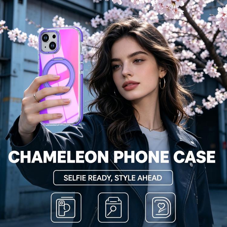For iPhone 14 Plus Dual Color Gradient Discolor 360 Degree Rotation Holder Magnetic Phone Case