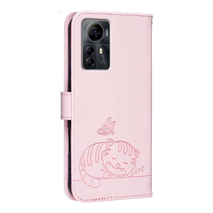 For ZTE Optus X Max Australia Cat Butterfly Embossed RFID Vegan Leather Phone Case with Strap