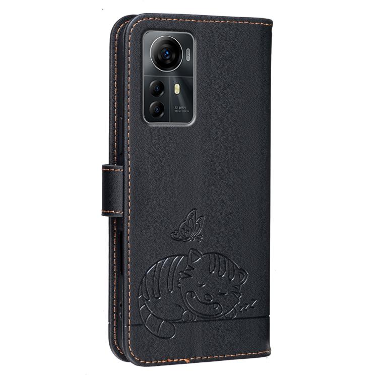 For ZTE Optus X Max Australia Cat Butterfly Embossed RFID Vegan Leather Phone Case with Strap