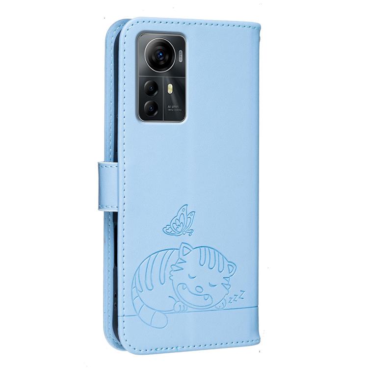 For ZTE Optus X Max Australia Cat Butterfly Embossed RFID Vegan Leather Phone Case with Strap