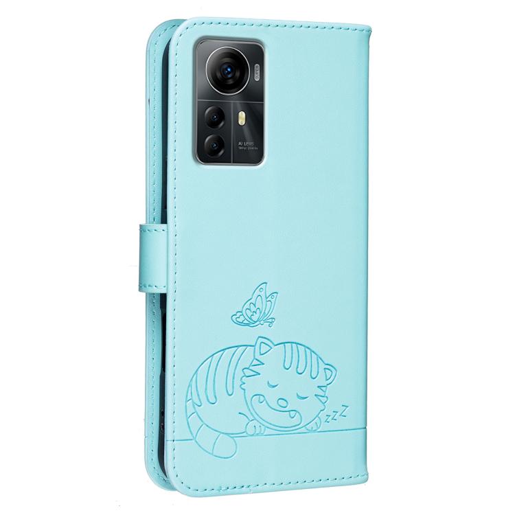 For ZTE Optus X Max Australia Cat Butterfly Embossed RFID Vegan Leather Phone Case with Strap
