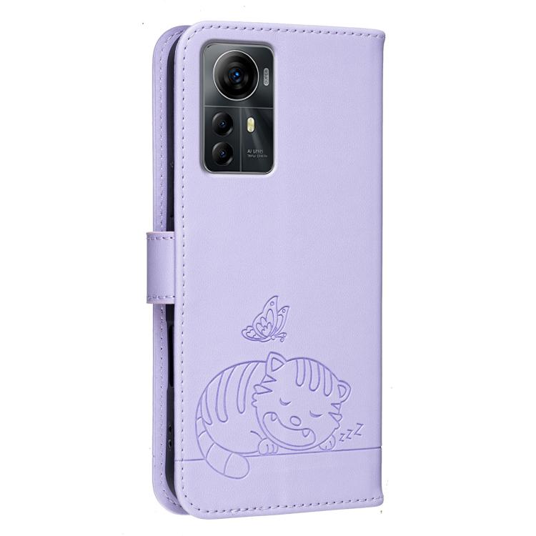 For ZTE Optus X Max Australia Cat Butterfly Embossed RFID Vegan Leather Phone Case with Strap