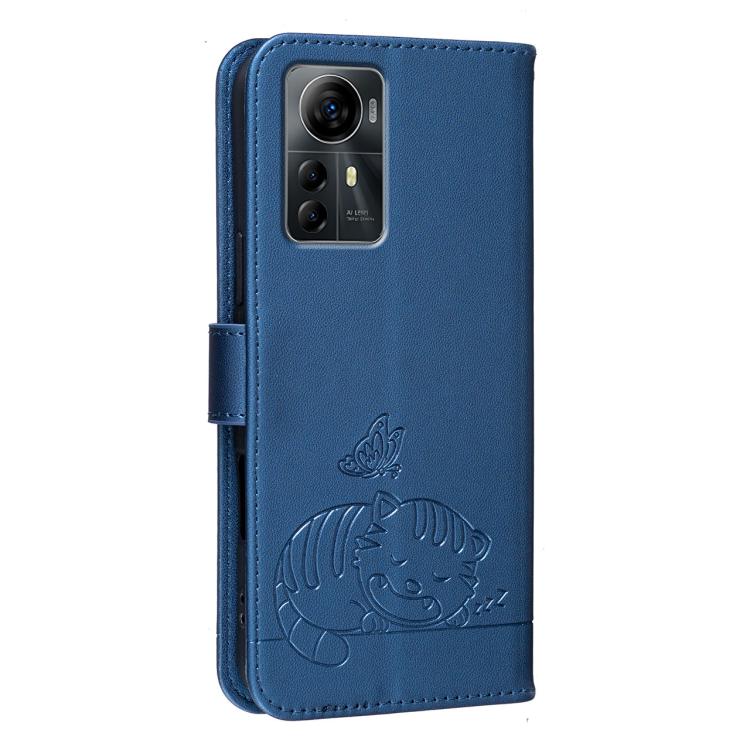 For ZTE Optus X Max Australia Cat Butterfly Embossed RFID Vegan Leather Phone Case with Strap